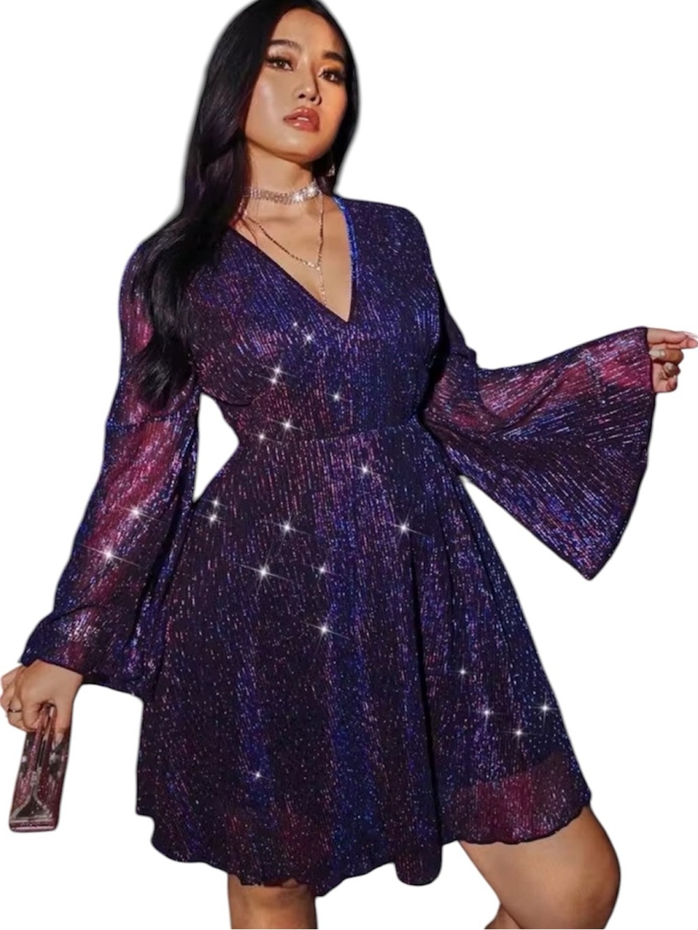 ❤️ 🆕 SHEIN Curve Plus Size Women Sparkly blue A-Line Bell Sleeve dress 4XL